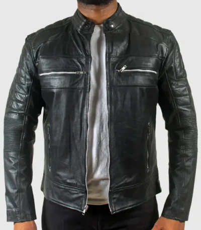 Mens Quilted Motorcycle Cafe Racer Leather Jacket