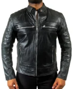 Mens Quilted Motorcycle Cafe Racer Leather Jacket
