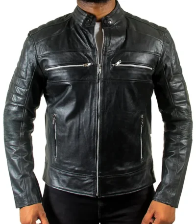 Mens Quilted Motorcycle Cafe Racer Leather Jacket