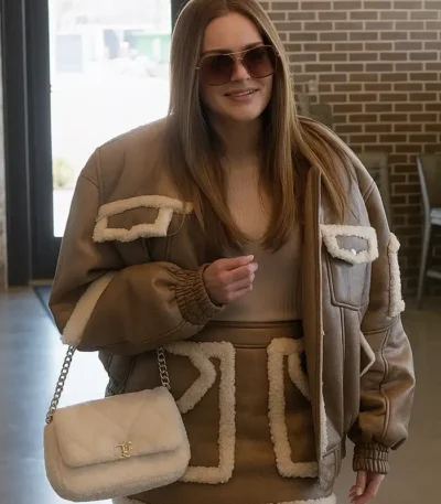 Meredith Marks Brown Leather Bomber Shearling Jacket