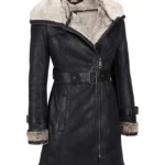Mid Length Black Shearling Womens Leather Coat