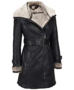 Mid Length Black Shearling Womens Leather Coat