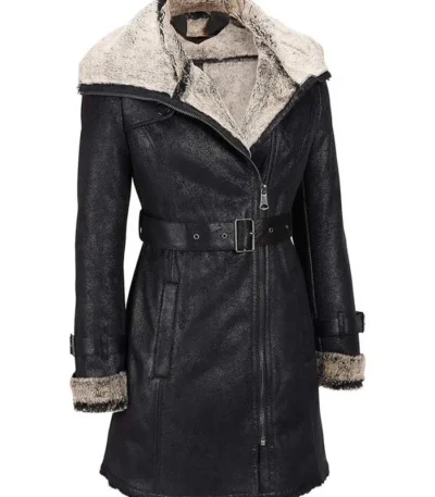 Mid Length Black Shearling Womens Leather Coat