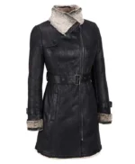 Mid Length Black Shearling Womens Leather Coat