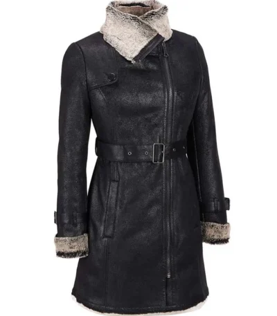 Mid Length Black Shearling Womens Leather Coat