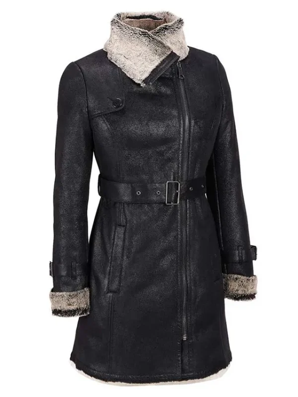 Mid Length Black Shearling Womens Leather Coat