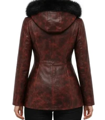 Monica Maroon Distressed Leather Fur Hooded Jacket