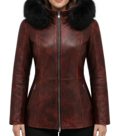 Monica Maroon Distressed Leather Fur Hooded Jacket