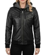 Nancy Bomber Removable Women’s Hooded Leather Jacket
