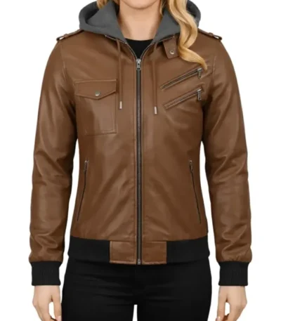 Nancy Bomber Removable Women’s Hooded Leather Jacket