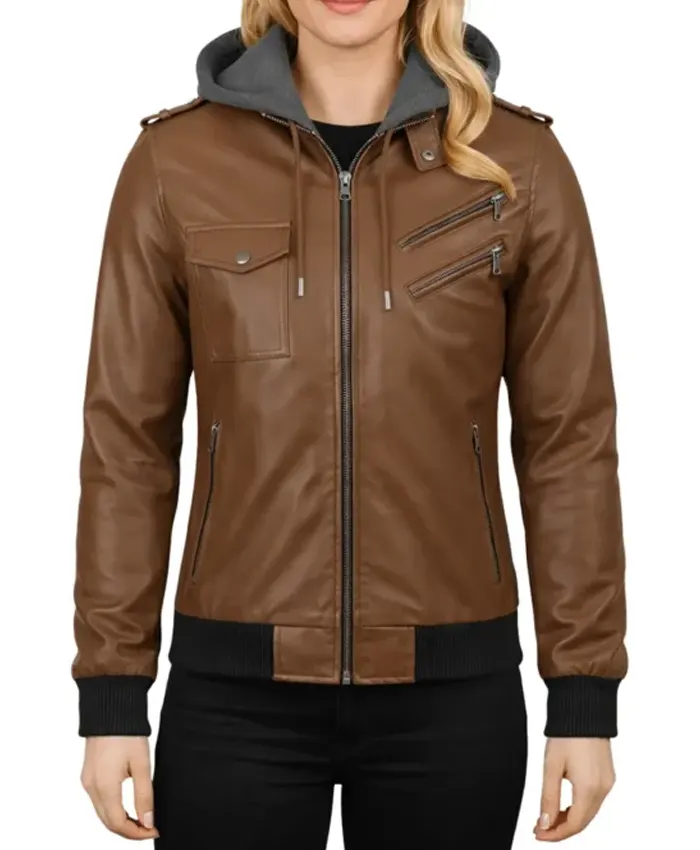 Nancy Bomber Removable Women’s Hooded Leather Jacket Nancy Bomber Removable Women’s Hooded Leather Jacket
