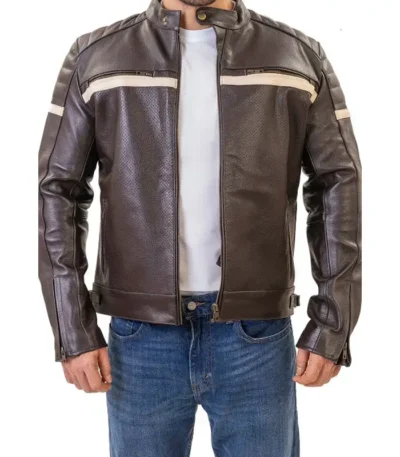 Padded Shoulder Brown Cafe Racer Leather Jacket
