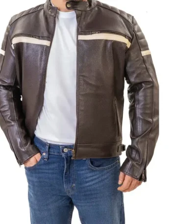 Padded Shoulder Brown Cafe Racer Leather Jacket