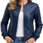 Patricia Blue Lambskin Leather Women’s Bomber Jacket