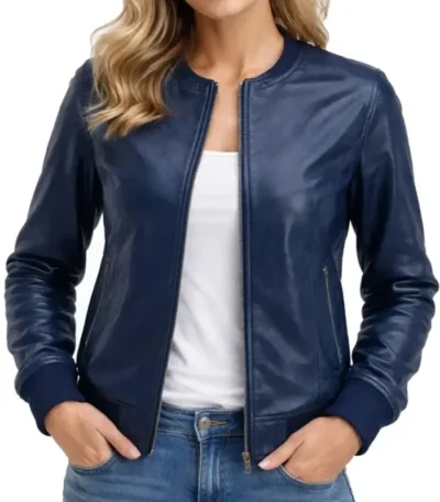 Patricia Blue Lambskin Leather Women’s Bomber Jacket