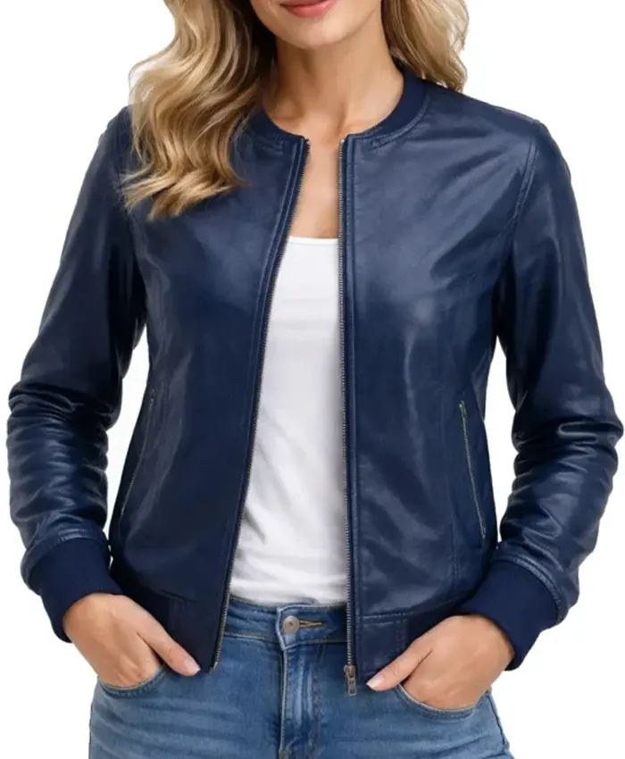 Patricia Blue Lambskin Leather Women’s Bomber Jacket Patricia Blue Lambskin Leather Women’s Bomber Jacket