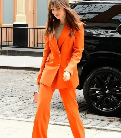 Lily Collins Windfall Wife Orange Suit