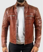 Quilted Brown Men’s Motorcycle Cafe Racer Leather Jacket