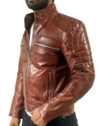 Quilted Brown Men’s Motorcycle Cafe Racer Leather Jacket
