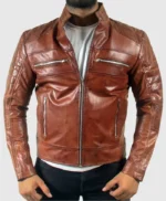 Quilted Brown Men’s Motorcycle Cafe Racer Leather Jacket