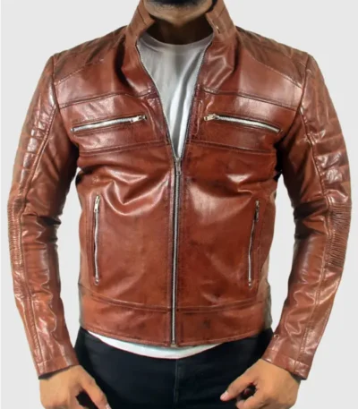 Quilted Brown Men’s Motorcycle Cafe Racer Leather Jacket