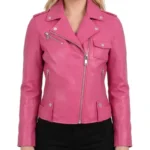 Rachael Slim Fit Sheepskin Pink Leather Biker Jacket
