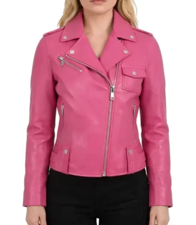 Rachael Slim Fit Sheepskin Pink Leather Biker Jacket