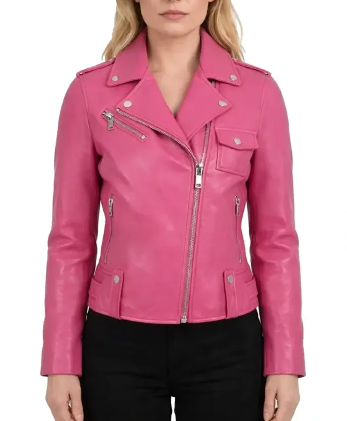 Rachael Slim Fit Sheepskin Pink Leather Biker Jacket Rachael Slim Fit Sheepskin Pink Leather Biker Jacket