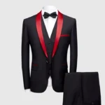 Red Lapel Single Breasted 3 Piece Black Tuxedo Suit