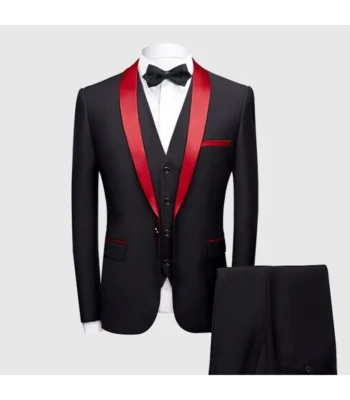 Red Lapel Single Breasted 3 Piece Black Tuxedo Suit