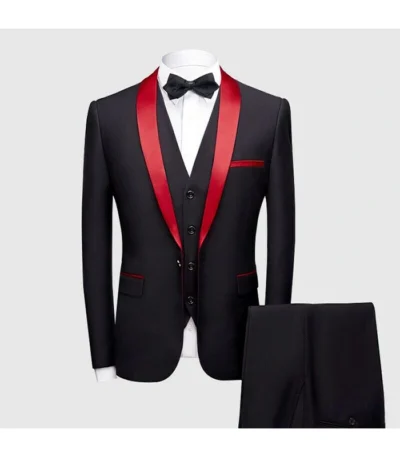 Red Lapel Single Breasted 3 Piece Black Tuxedo Suit