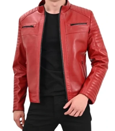 Red Mens Cafe Racer Leather Quilted Jacket