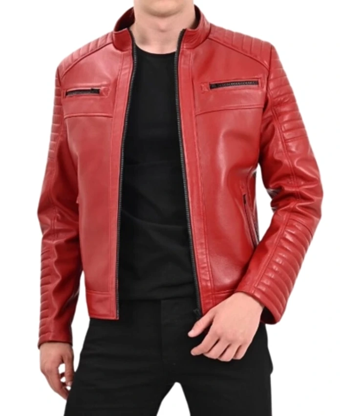 Red Mens Cafe Racer Leather Quilted Jacket Red Mens Cafe Racer Leather Quilted Jacket