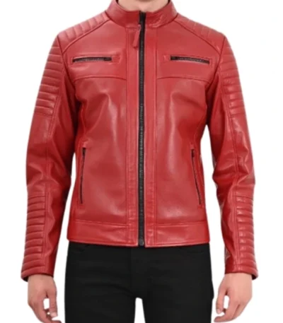 Red Mens Cafe Racer Leather Quilted Jacket