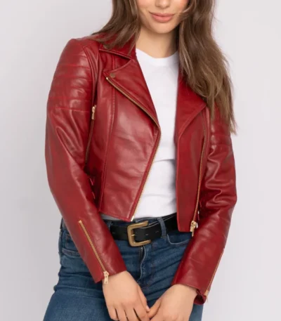 Red Womens Leather Motorcycle Biker Jacket