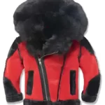Red and Black Shearling Hooded Moto Jacket