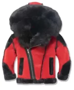 Red and Black Shearling Hooded Moto Jacket