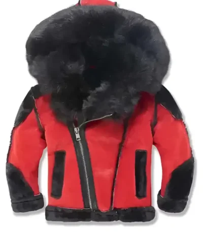 Red and Black Shearling Hooded Moto Jacket