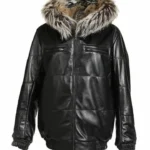 Black Leather Fox Fur Bomber Hood Jacket