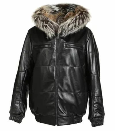 Black Leather Fox Fur Bomber Hood Jacket