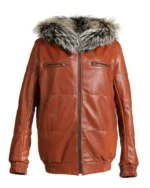 Fox Brown Leather Hooded Bomber Jacket
