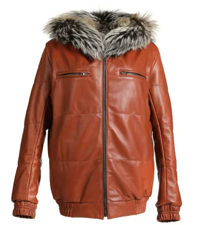 Fox Brown Leather Hooded Bomber Jacket