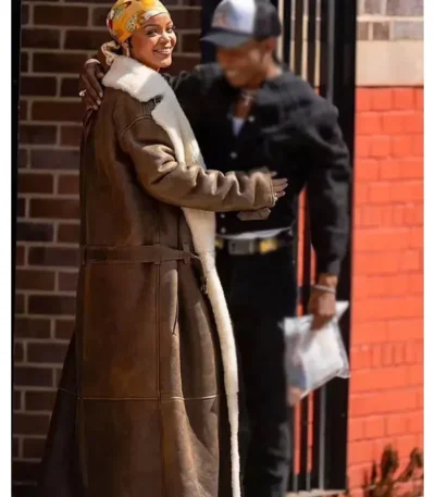 Rihanna Brown Shearling Leather Coat