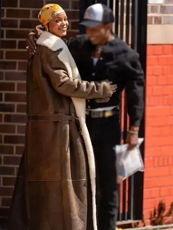 Rihanna Brown Shearling Leather Coat