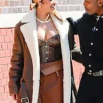 Rihanna Brown Shearling Leather Coat
