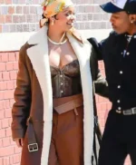 Rihanna Brown Shearling Leather Coat