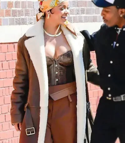 Rihanna Brown Shearling Leather Coat