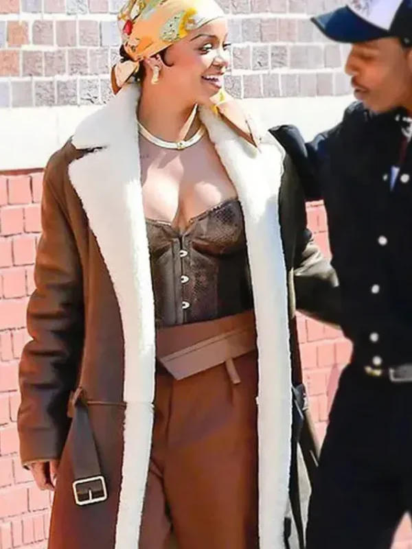 Rihanna Brown Shearling Leather Coat