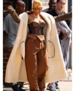 Rihanna Brown Shearling Leather Coat