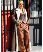 Rihanna Brown Shearling Leather Coat
